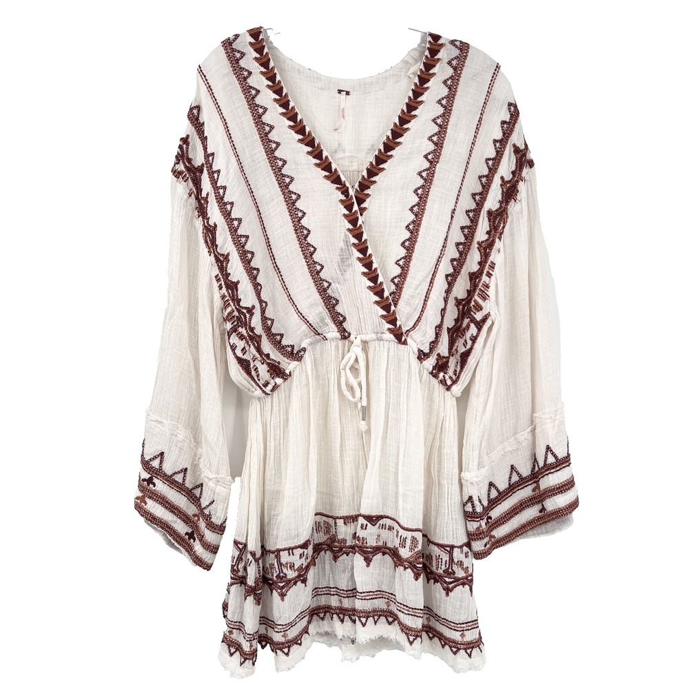 FREE PEOPLE Women's Size S Ivory Saffron Embroidered V-Neck Flutter-Sleeve Tunic
